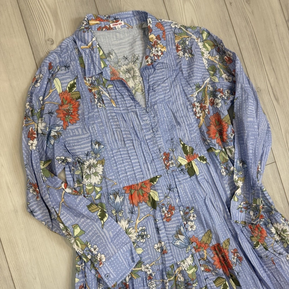 Johnny Was XL Mosaic Tiered‎ Wanderer Midi in Blue Floral Cotton Shirt Dress - Picture 3 of 12